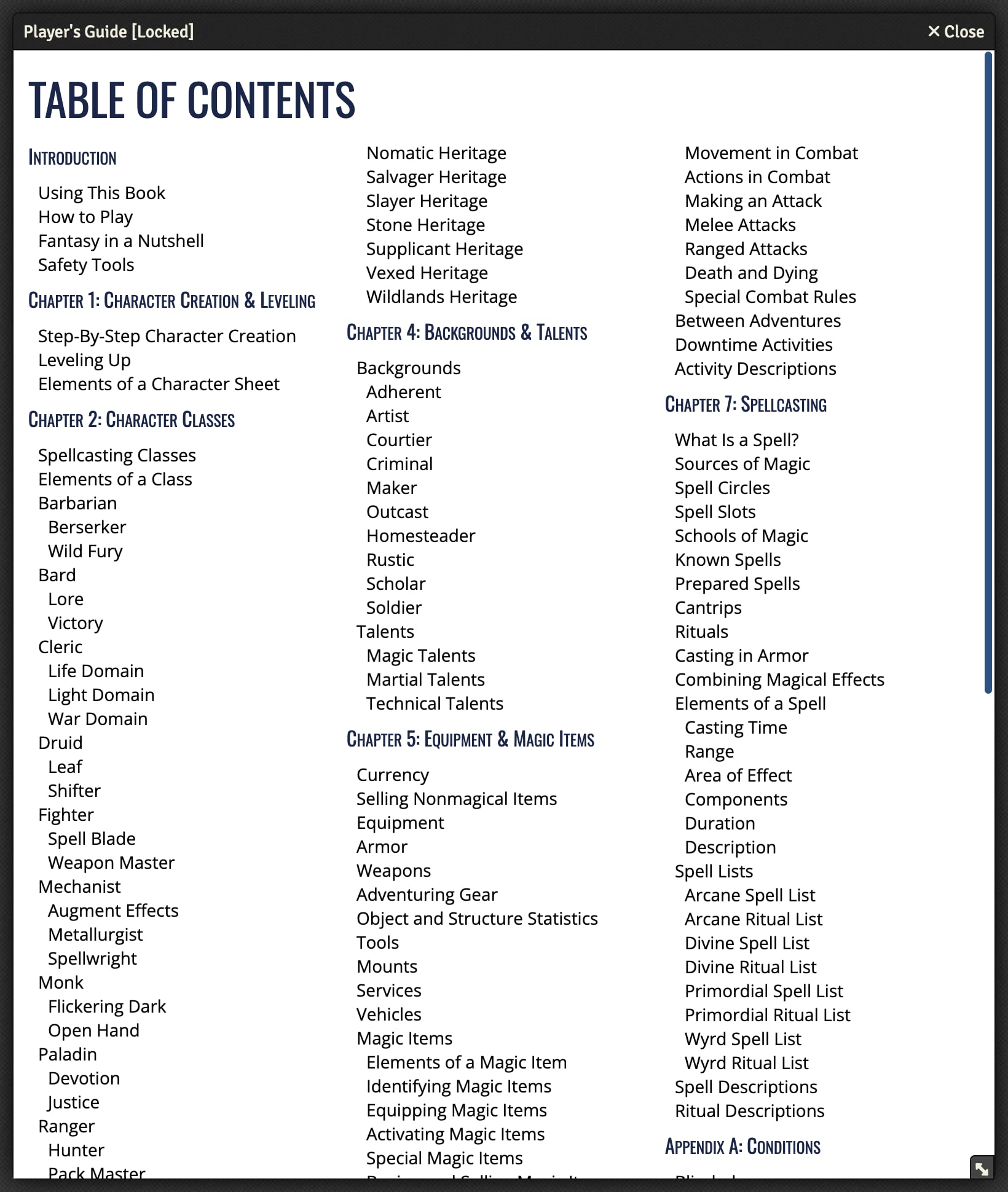 Complete table of contents page