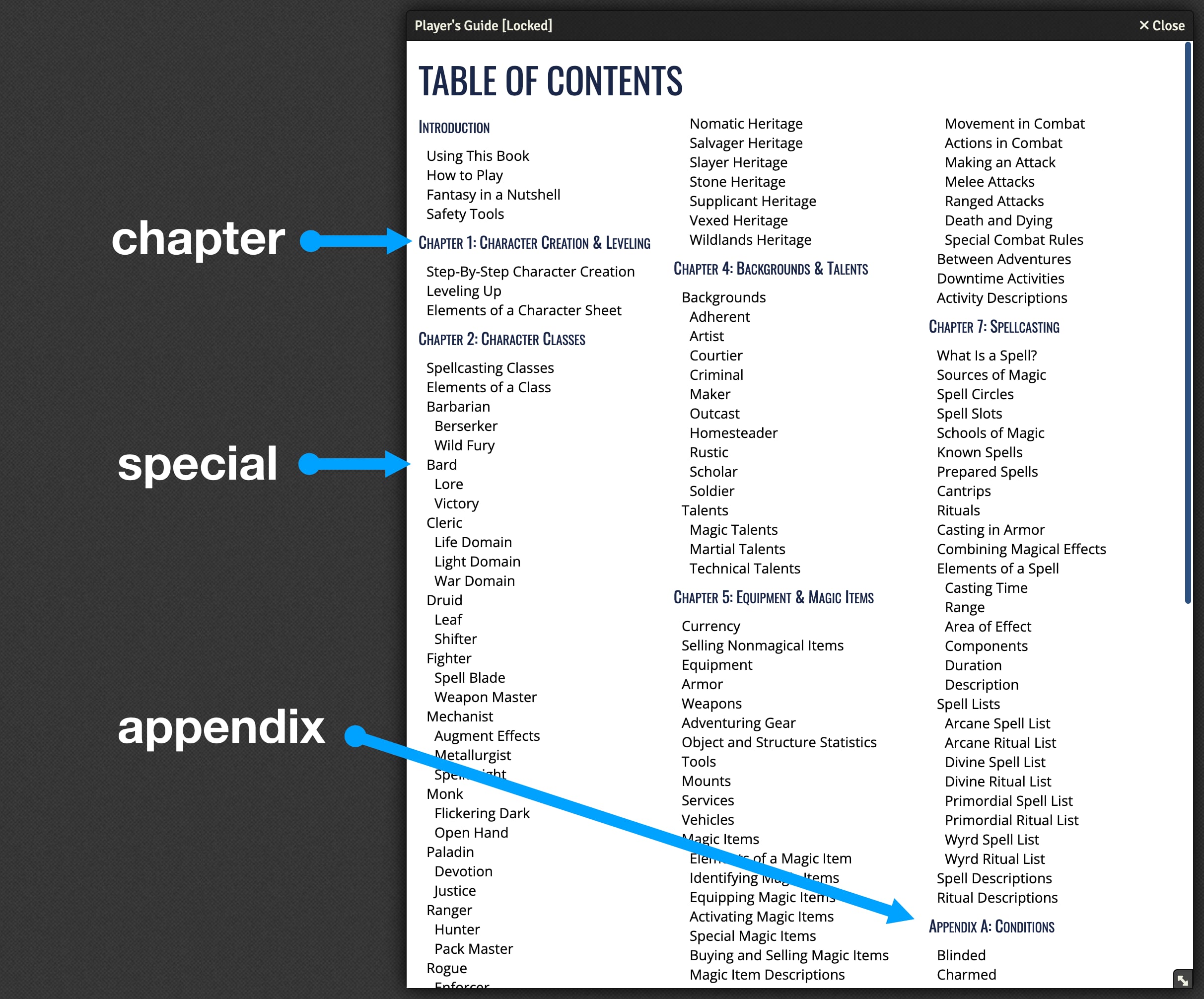 Table of contents entry types